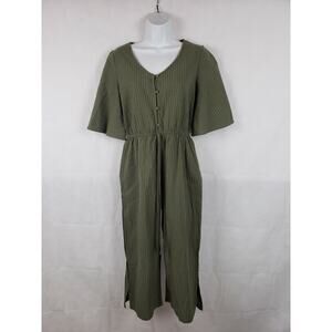 &Merci Jumper Romper Jumpsuit Green Striped Short Sleeves Full Legs sz Small